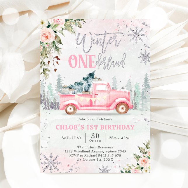Winter ONEderland Truck Pink Girl 1st Birthday Invitation (Creator Uploaded)