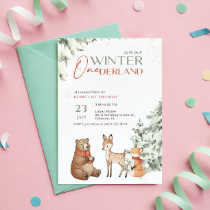 Winter Onederland Watercolor Animal First Birthday Invitation