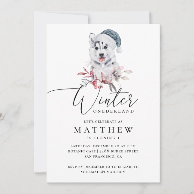Winter onederland. Watercolor husky boy birthday  Invitation (Front)