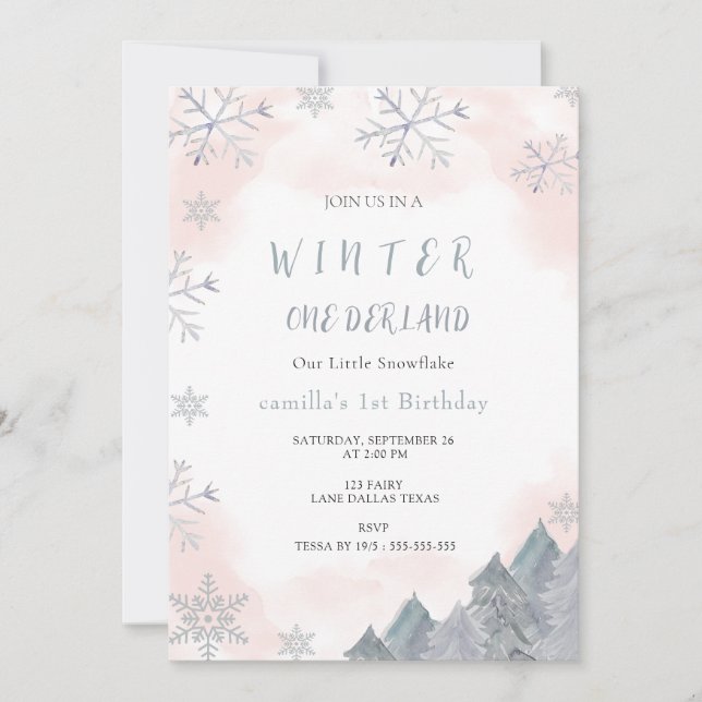 Winter Onederland Watercolor Pink 1st birthday  Invitation (Front)