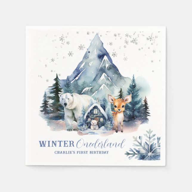 Winter Onederland Whimsical Woodland 1st Birthday Napkin (Front)