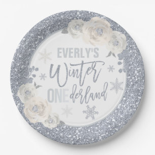 Winter ONEderland White And Silver Floral Decor  Paper Plate