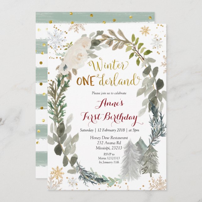 Winter Onederland White Floral Birthday Invitation (Front/Back)