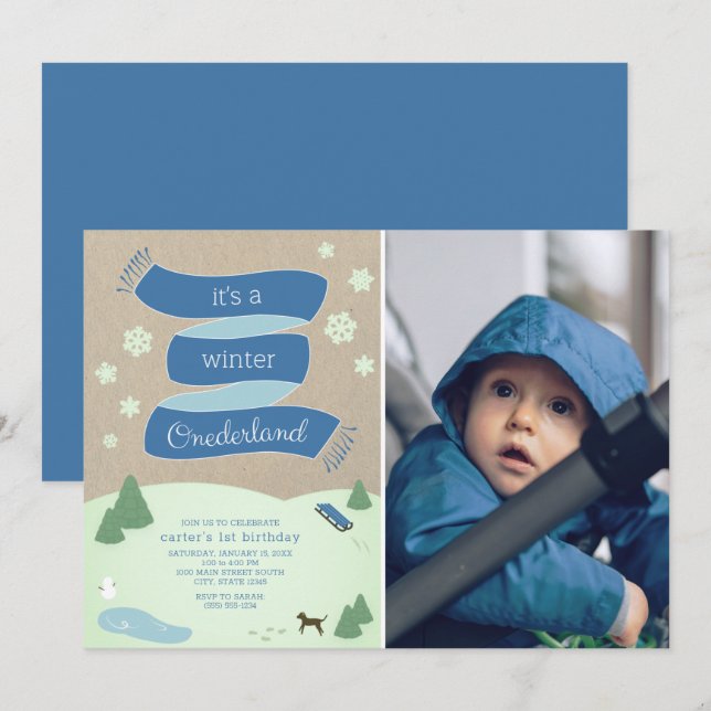 Winter Onederland Winter Scene Photo 1st Birthday Invitation (Front/Back)
