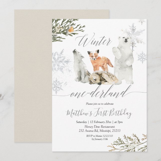 Winter Onederland Woodland Animal Birthday Invitation (Front/Back)