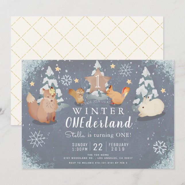 Winter Onederland Woodland Animals 1st Birthday Invitation (Front/Back)