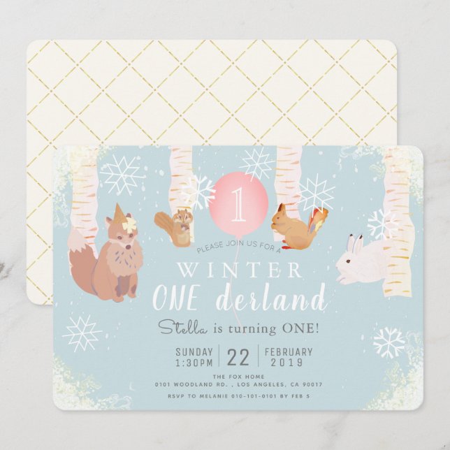 Winter ONEderland Woodland Animals Birthday Invitation (Front/Back)