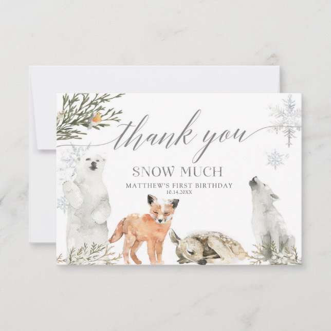 Winter Onederland Woodland Animals Birthday Thank You Card (Front)