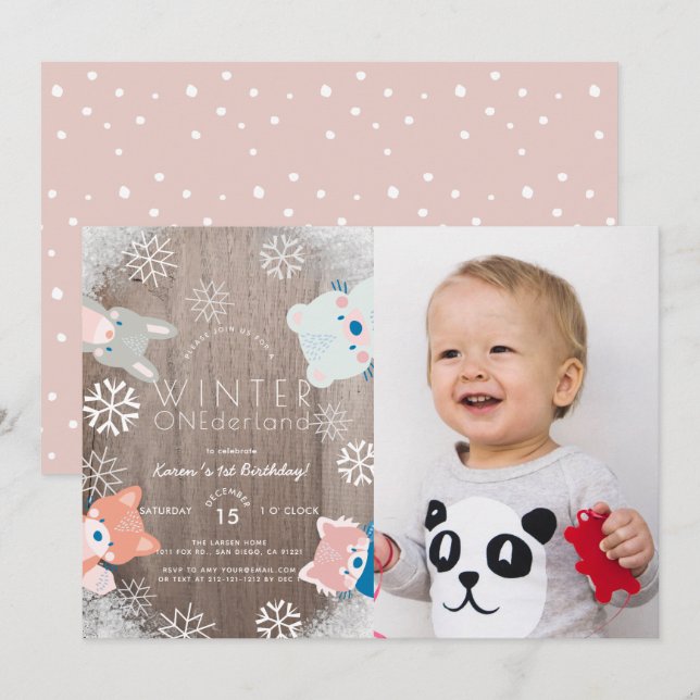 Winter Onederland Woodland Animals Photo Birthday Invitation (Front/Back)