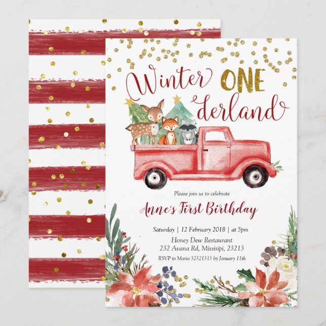 Winter onederland woodland birthday invitation (Front/Back)