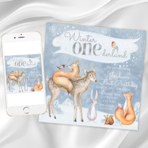 Winter Onederland Woodland First Birthday Party Invitation