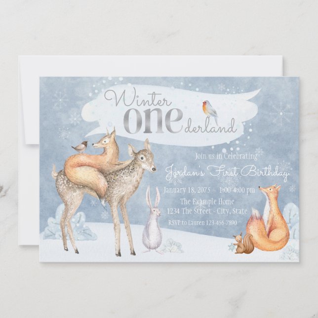Winter ONEderland Woodland First Birthday Party Invitation (Front)