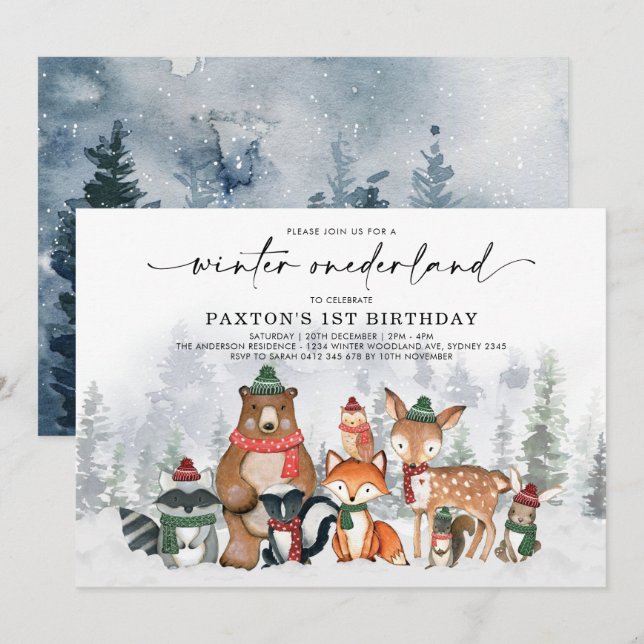 Winter Onederland Woodland Forest 1st Birthday Invitation (Front/Back)