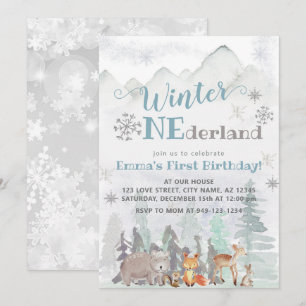 Winter ONEderland Woodland Forest Animals Birthday Invitation