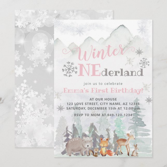 Winter ONEderland Woodland Forest Animals Birthday Invitation (Front/Back)