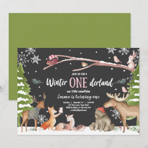 Winter ONEderland Woodland Pink Birthday Invitation