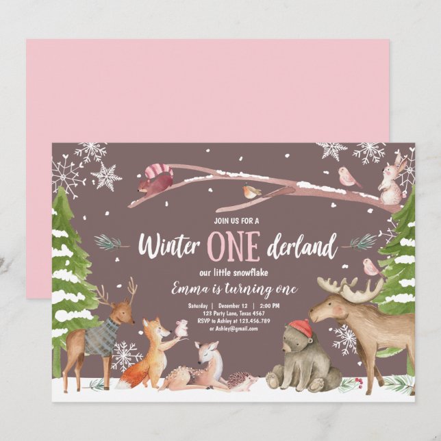 Winter ONEderland Woodland Pink Birthday Invitation (Front/Back)