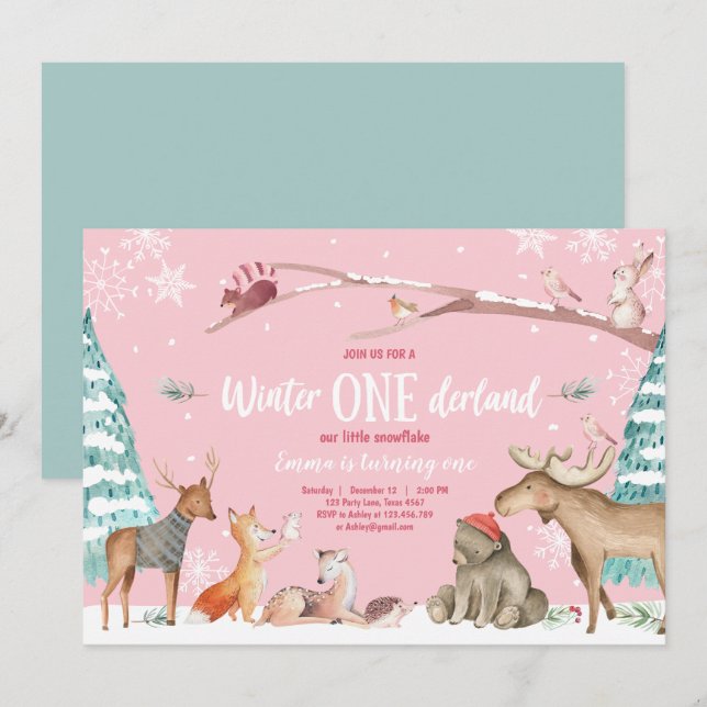 Winter ONEderland Woodland Pink Birthday Invitation (Front/Back)