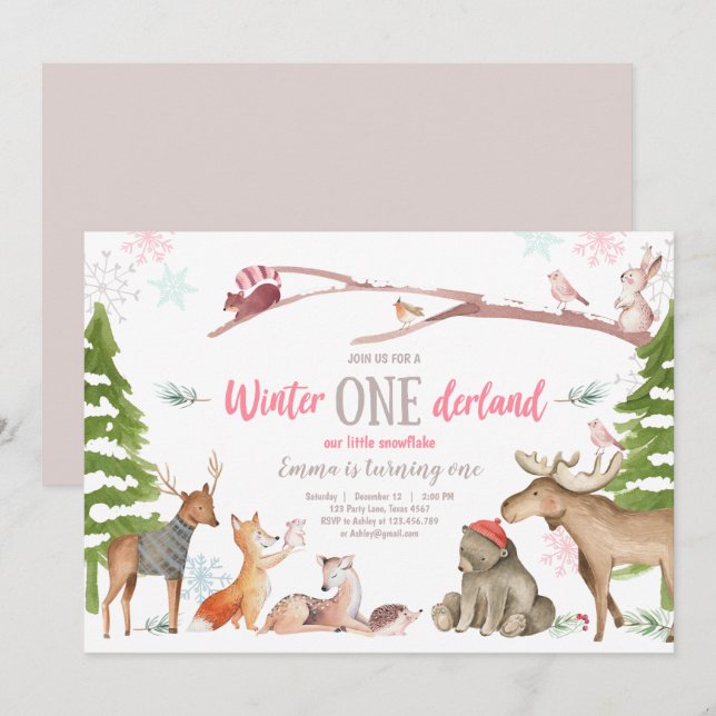Winter ONEderland Woodland Pink Birthday Invitation (Front/Back)