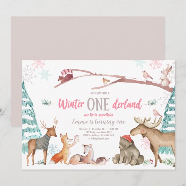 Winter ONEderland Woodland Pink Birthday Invitation (Front/Back)