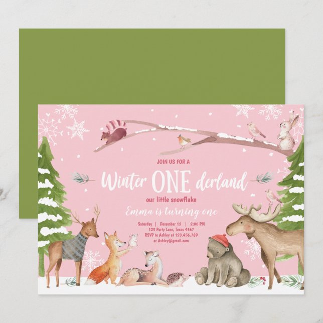 Winter ONEderland Woodland Pink Birthday Invitation (Front/Back)