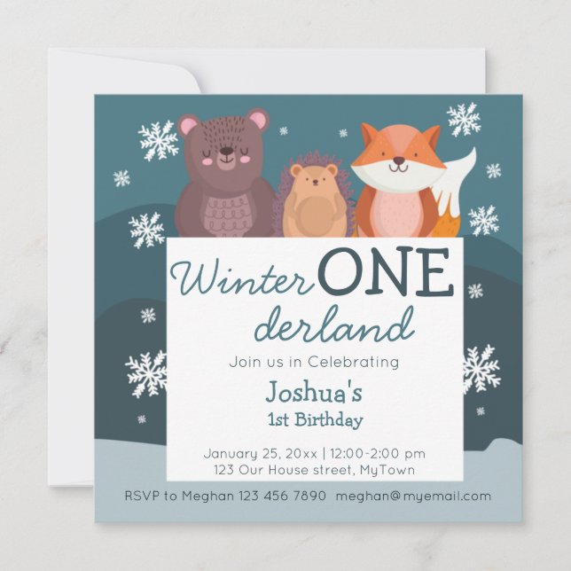 Winter Onederland woodlands animals  Invitation (Front)