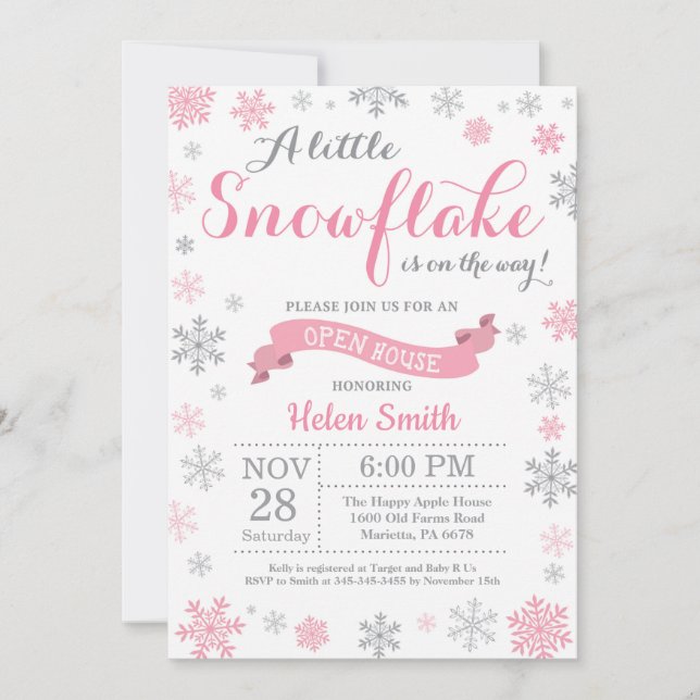 Winter Open House Invitation Pink Snowflake (Front)