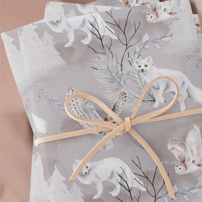 Winter or Christmas Woodland Fox Owl Elegant Wrapping Paper Sheet (Winter or Christmas Woodland Fox and Owl Elegant Wrapping Paper Sheets)
