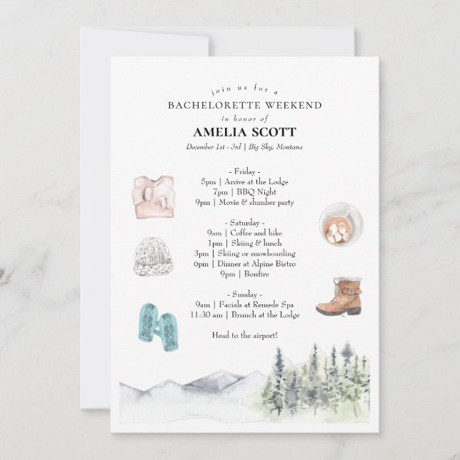 Winter or Mountain Bachelorette Itinerary Invitation (Front)
