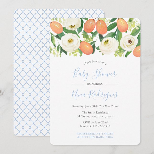 Winter Oranges Baby Blue White Boy Baby Shower Invitation (Front/Back)
