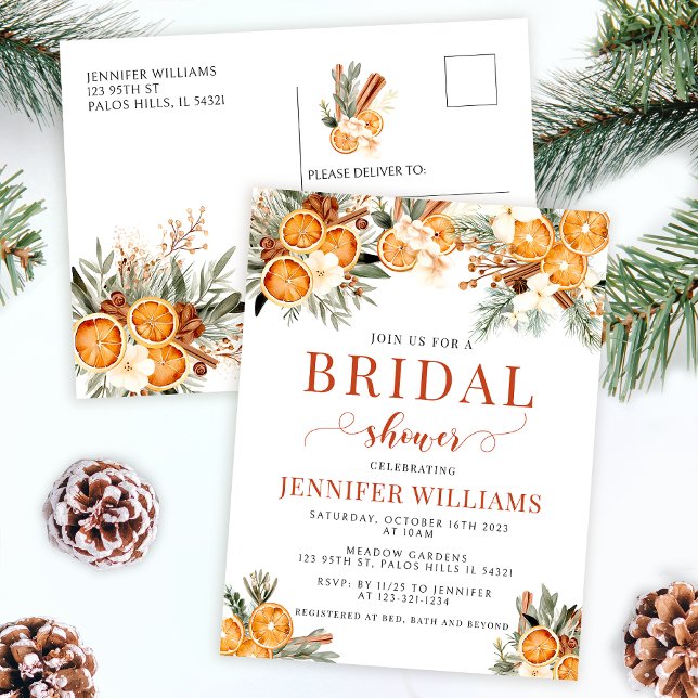 Winter oranges bridal shower postcard invitation (Creator Uploaded)