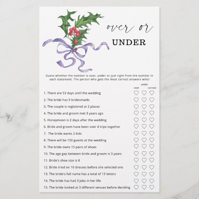 Winter over or under bridal shower game (Front)