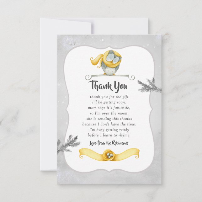 Winter Owl Christmas Baby Shower Thank You Card (Front)