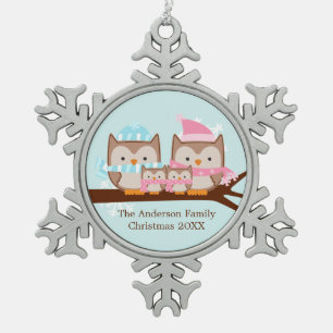 Winter Owl Family of Four Snowflake Pewter Christmas Ornament