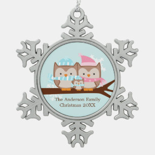 Winter Owl Family Snowflake Pewter Christmas Ornament