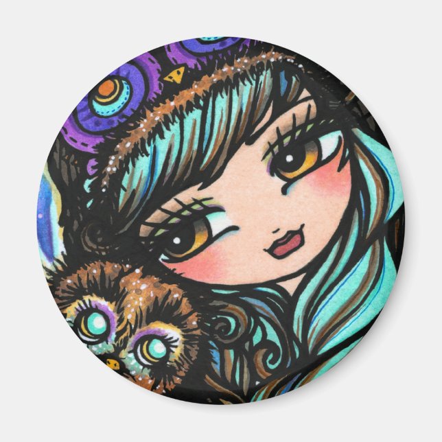 Winter Owl Snow Forest Hat Girl Fantasy Art Magnet (Front)
