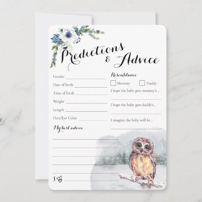 Winter Owl Snowy Baby Predictions & Advice Card (Front)
