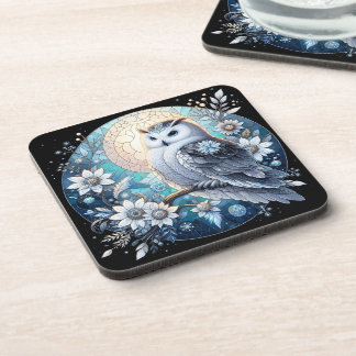 Winter Owl Stained Glass Elegant Snowy Nocturnal Coaster