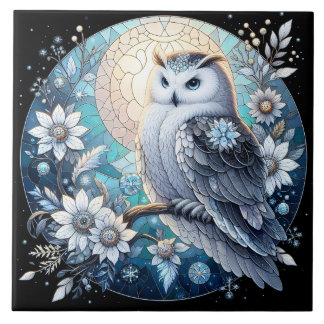 Winter Owl Stained Glass Elegant Snowy Nocturnal Tile