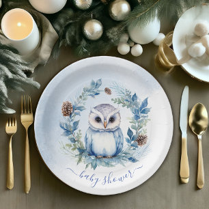 Winter Owl Watercolor Baby Shower Paper Plate