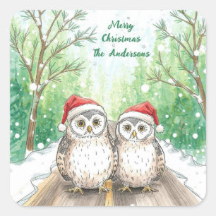 Winter Owls on Snowy Sticker- Christmas  Square Sticker