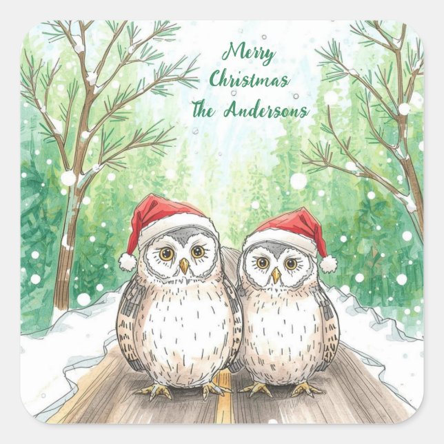 Winter Owls on Snowy Sticker- Christmas  Square Sticker (Front)