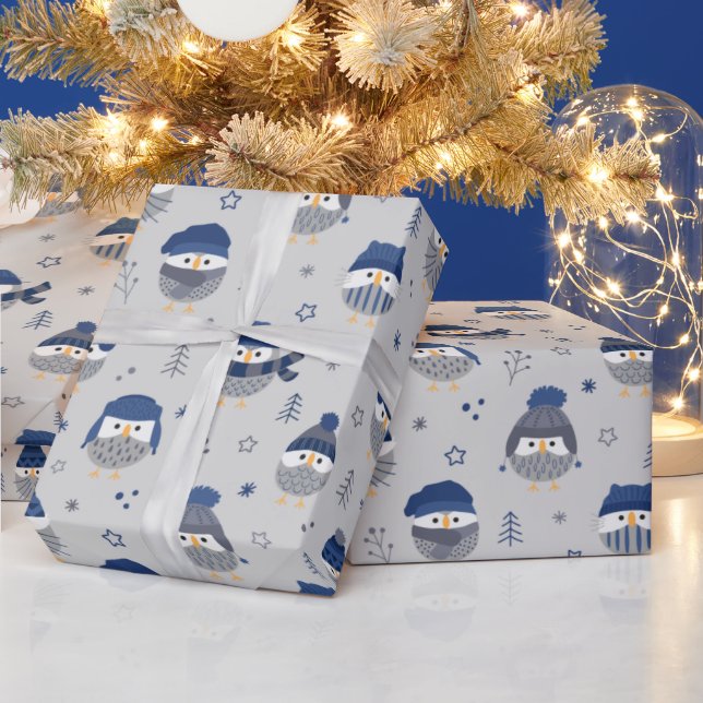 Winter owls with wool hats blue wrapping paper (Holidays)