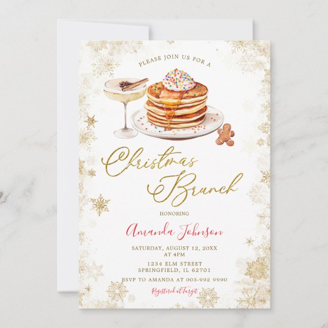 Winter Pancake Gold Snowflakes Christmas Brunch Invitation (Front)