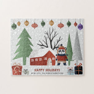 Winter panda and trees Happy holidays Christmas Jigsaw Puzzle