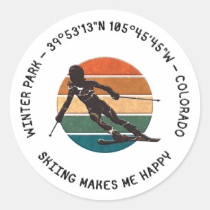 Winter Park, Colorado - Woman Skier, Black Text Classic Round Sticker