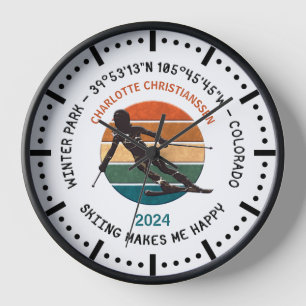 Winter Park, Colorado - Woman Skier, Black Text Clock