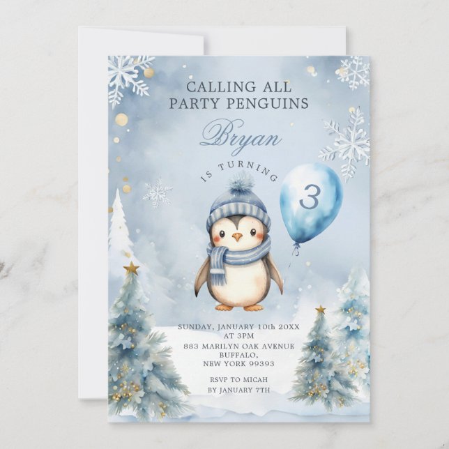Winter Party Penguin Blue Christmas 3rd Birthday Invitation (Front)