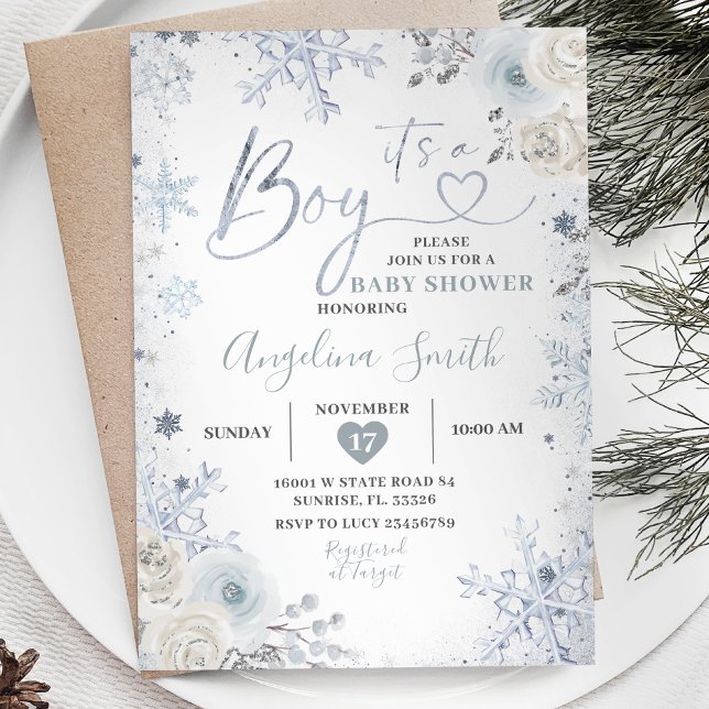Winter Pastel Blue Snowflake Floral Baby Shower In Invitation (Creator Uploaded)