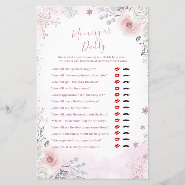 Winter Pastel Pink Snowflake Mommy or Daddy Game (Front)